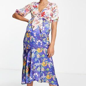 Hope & Ivy Maternity Tie Front Midi Tea Dress Satin Contrast Floral Size 14 NWOT